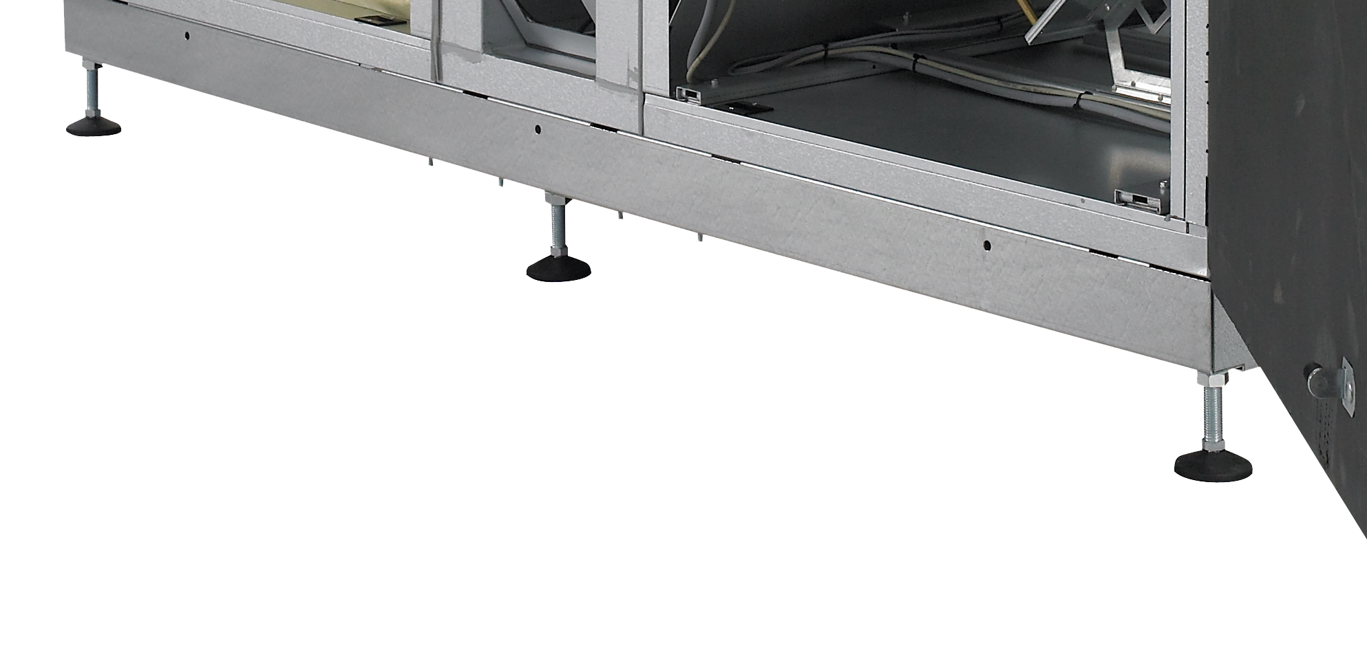 The mounting base has feet with an adjustable height.

The base is an accessory for VEX240/250, but standard on the other models, where the unit is assembled at the bottom by using the base, and via trunk fasteners at the top.
